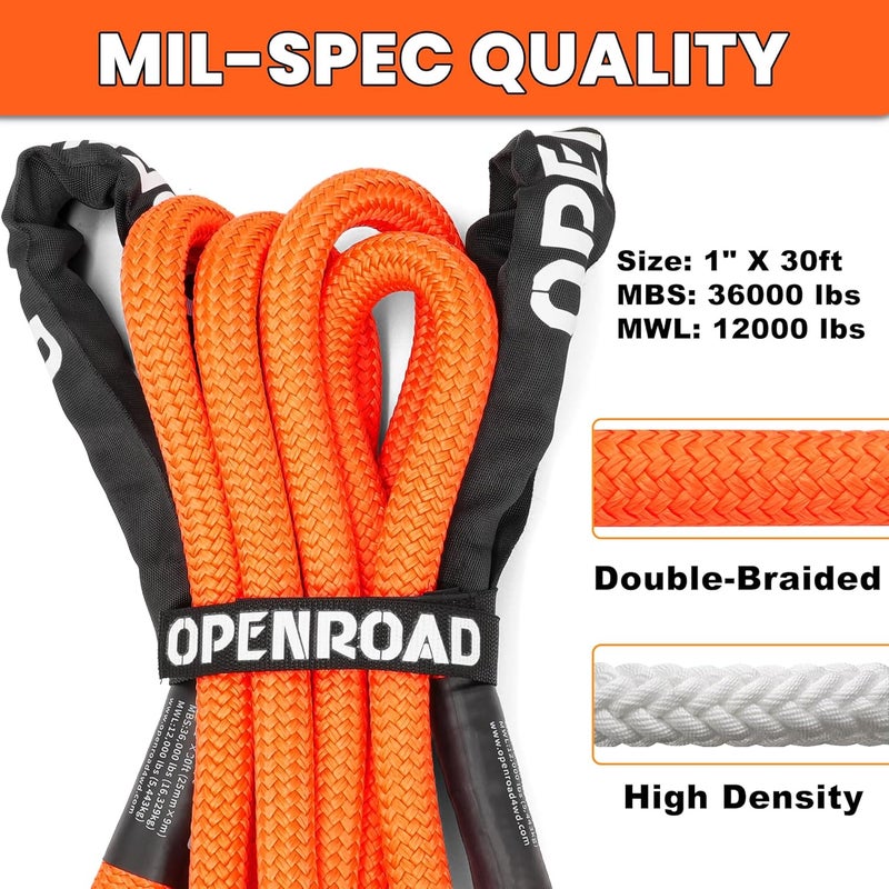OPENROAD 1" x30ft Kinetic Recovery Rope Heavy Duty Offroad Tow Strap, 35% Elasticity Snatch Rope for Jeep, Truck, ATV, UTV - Orange (Includes Storage Bag) - Image 2